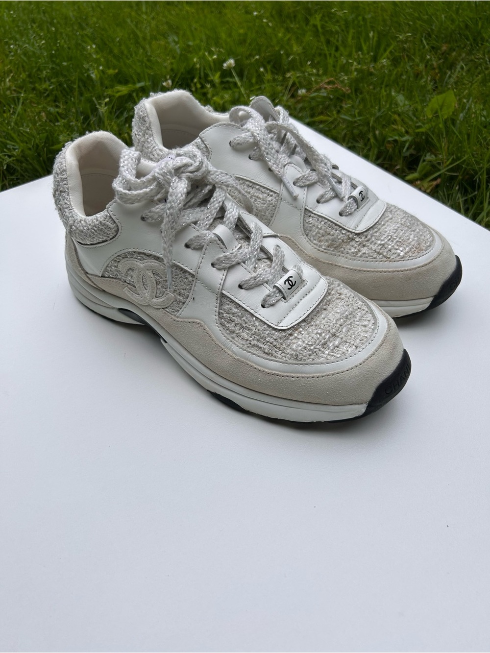 CHANEL White and Silver Tweed Sneaker